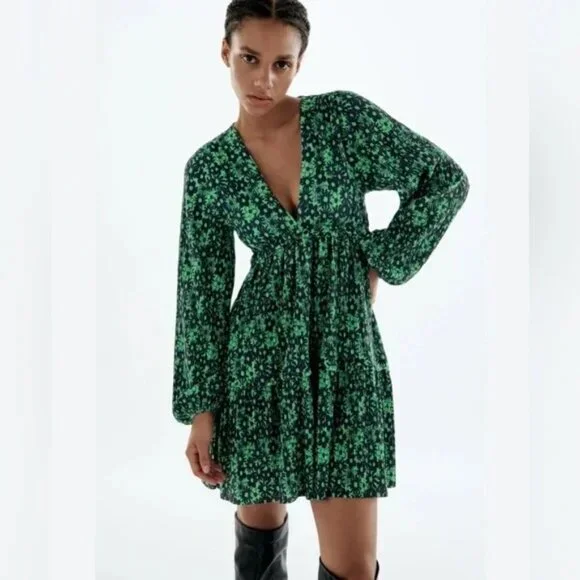 Zara Green Black Floral Mini Dress, M - Picture 1 of 8